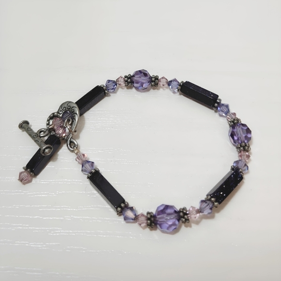 Silver tone Purple Goldstone Faceted Crystal Bead Bracelet Handmade Y2K Vintage - Picture 3 of 12